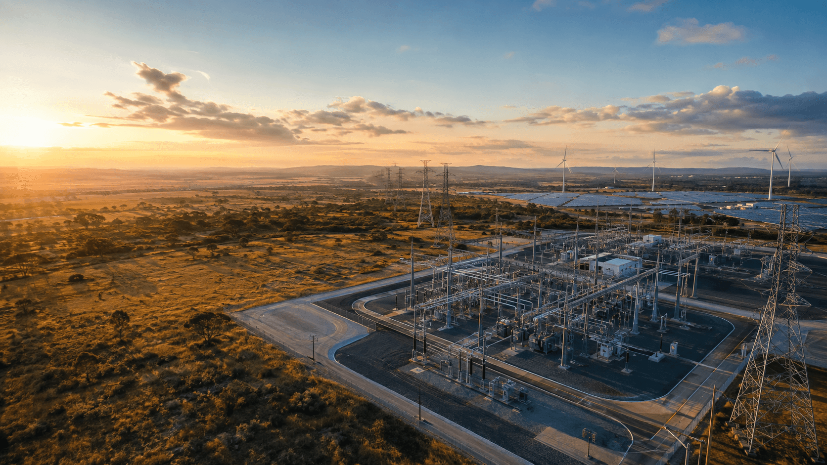 Aerial view of a high-voltage substation and switchyard at sunset, Central Queensland